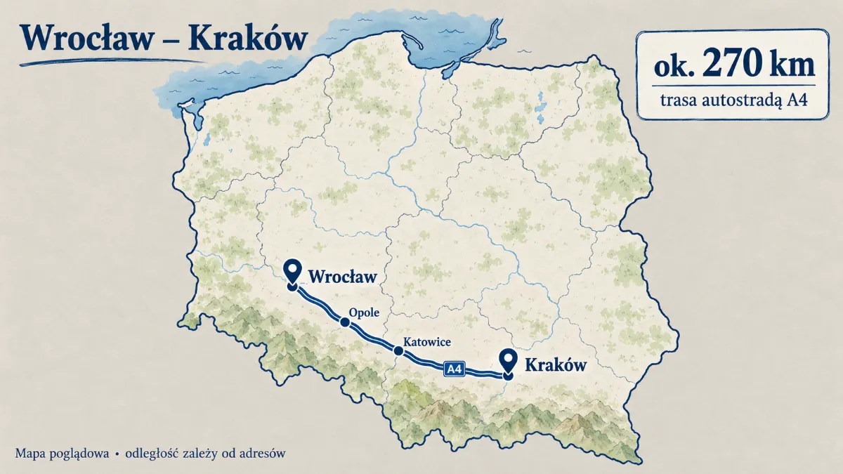 Trasa Wrocław – Kraków autostradą A4, mapa przeprowadzki